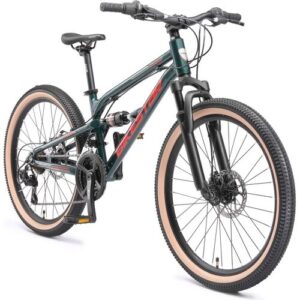 BIKESTAR Alu Kinder Jugend Mountainbike Vollgefedert, 21 Gang Shimano, 24 Zoll ab 9 - 10 Jahre   Fully MTB Scheibenbremse   Grün